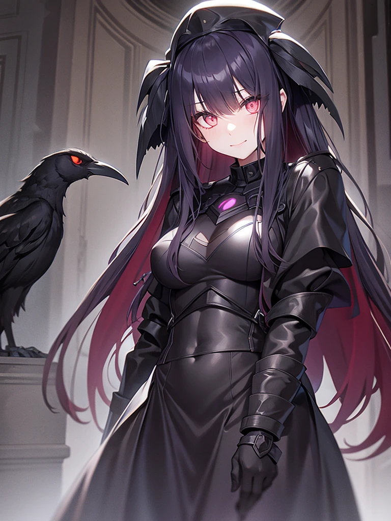 girl, dark, glowing eyes, evil, evil smile, evil and scary look, raven nearby
