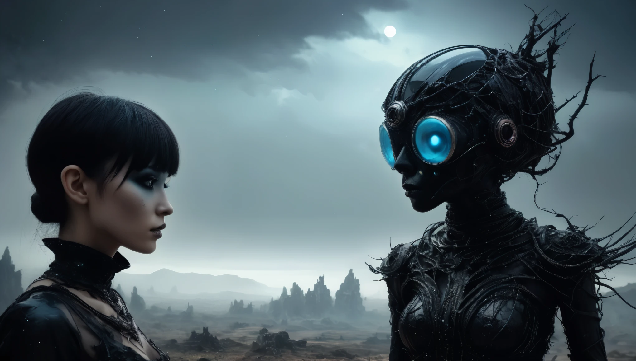 alien woman and man in futuristic space setting with a mirror, shanina shaik as medusa, from a 2 0 1 9 sci fi 8 k movie, still from alita, valerian, alien man with alien woman, movie still of the alien girl, still from movie dune, love death + robots, cinematic still in adam | unity, an epic scifi movie still --auto --s2