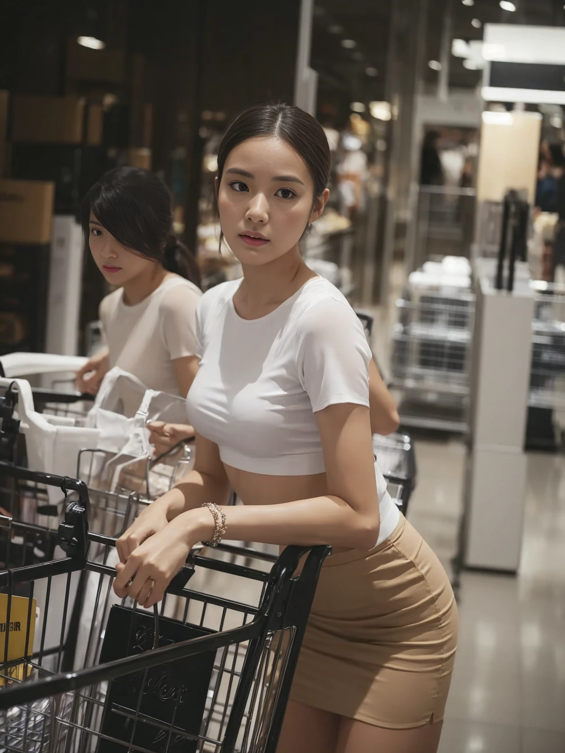 A woman wearing a white bustier shirt and a tan skirt stands next to a shopping cart in a department store.,realistically,Lifelike shadows