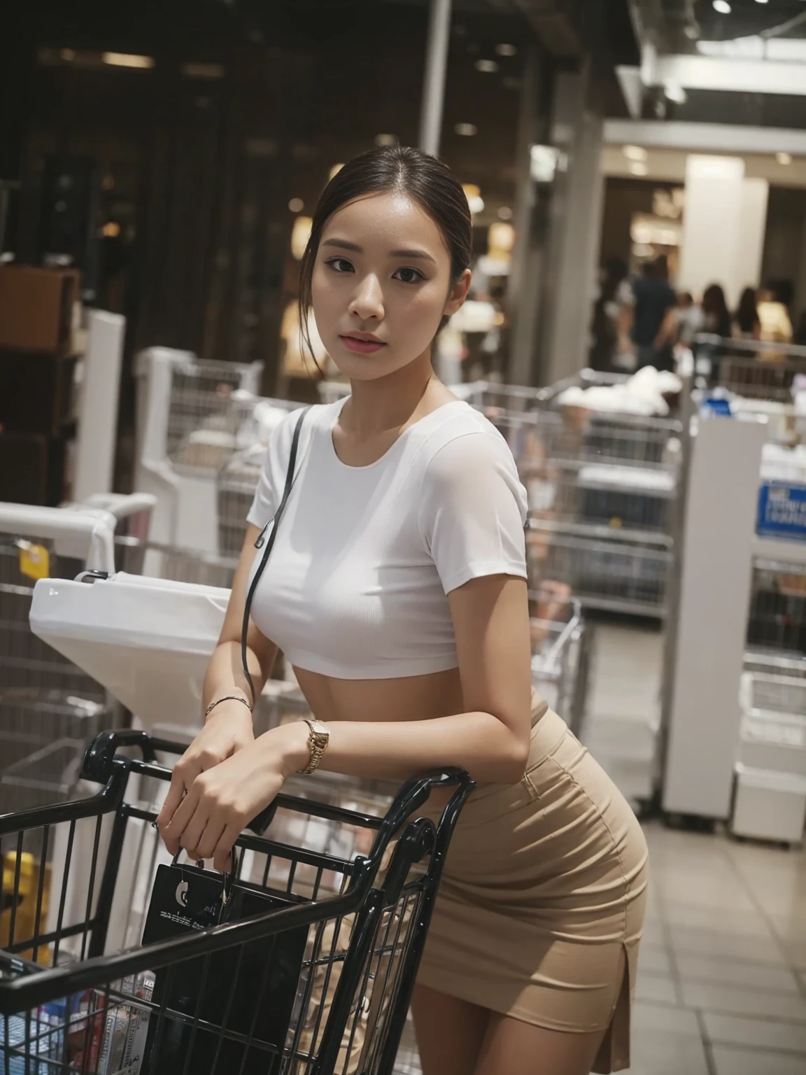 A woman wearing a white bustier shirt and a tan skirt stands next to a shopping cart in a department store.,realistically,Lifelike shadows