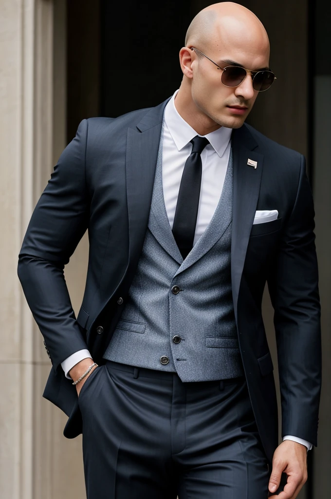 ((best quality)), ((masterpiece)), (detailed), realistic face real bald muscular short male upper body wear elegant black-blue suit by white wall