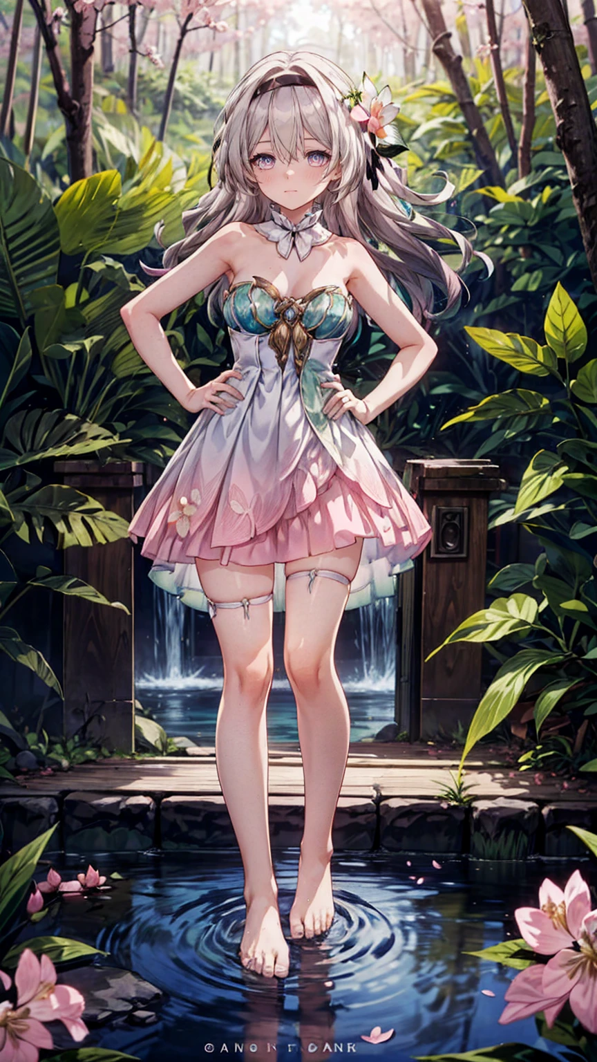 (Pink strapless dress :1.5), silver Long hair, black _ hair band, X-shaped _ eyebrows, hair band, POE _ Hair, bangs, bare shoulders, full body shot, black stockings, (Peach Blossom Forest:1.3),Creek,Bare feet,soaking feet,hand on hip