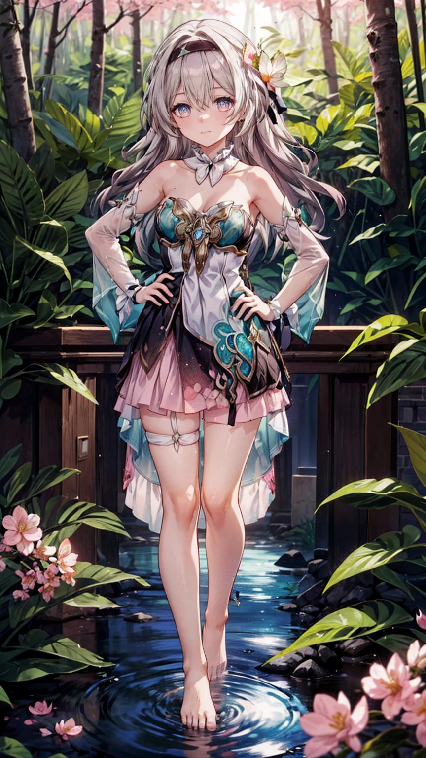 (Pink strapless dress :1.5), silver Long hair, black _ hair band, X-shaped _ eyebrows, hair band, POE _ Hair, bangs, bare shoulders, full body shot, black stockings, (Peach Blossom Forest:1.3)，Creek，Bare feet，soaking feet，hand on hip