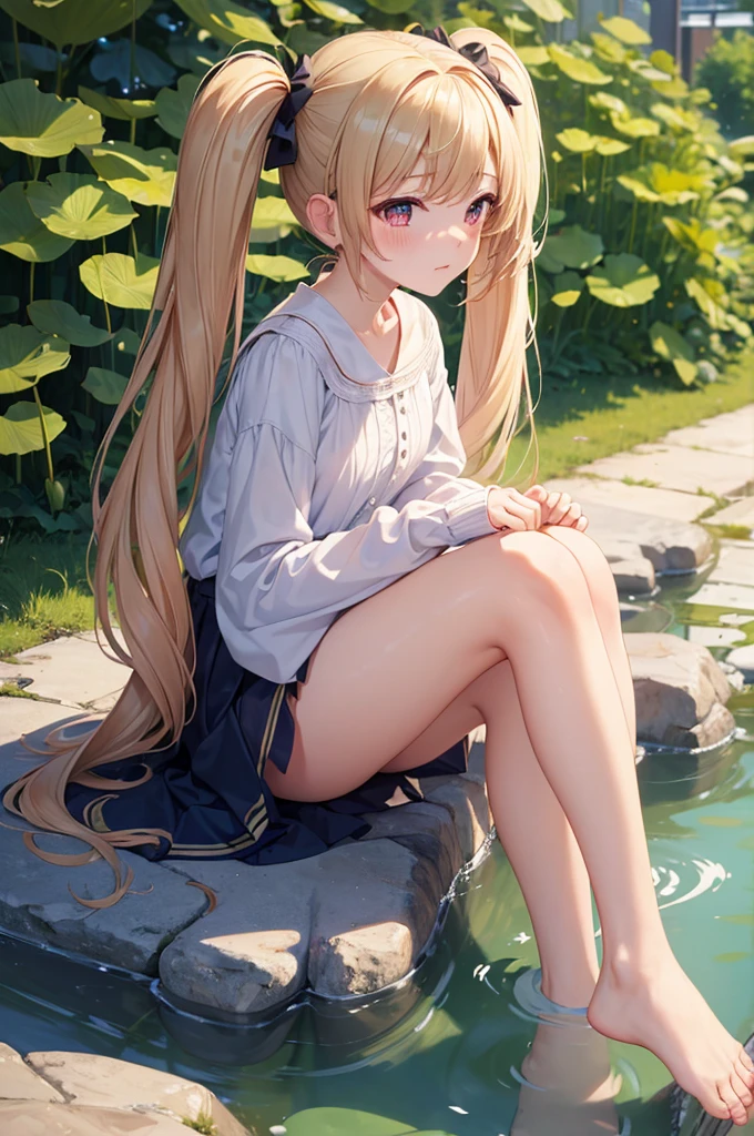 ((4K,masterpiece,Highest quality)), Lotus, , A girl dressed modestly, alone, Weeping face,barefoot,
Twin tails