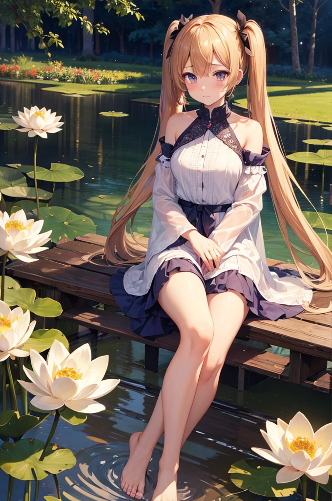 ((4K,masterpiece,Highest quality)), Lotus, , A girl dressed modestly, alone, Weeping face,barefoot,
Twin tails