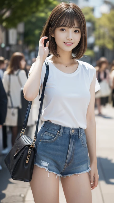 ((SFW: 1.4)), (girl)), Ultra-high resolution, (Realistic: 1.4), RAW Photos, Highest quality, (PhotoRealistic Stick), concentrated, Soft Light, ((15 years old)), ((Japanese)), (( (Young Face))), (surface), (Written boundary depth), masterpiece, (Realistic), woman, bangs, ((1 girl))、(((Model-like style、Thighs、shin、Full body portrait)))、Handbags))、((((Mr.々Fashion、Summer clothes、Mr.々A pose))))、(((Find someone you like and smile)))、(((The background is a museum)))