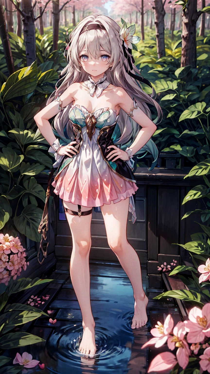 (Pink strapless dress :1.5), silver Long hair, black _ hair band, X-shaped _ eyebrows, hair band, POE _ Hair, bangs, bare shoulders, full body shot, black stockings, (Peach Blossom Forest:1.3),Creek,Bare feet,soaking feet,hand on hip