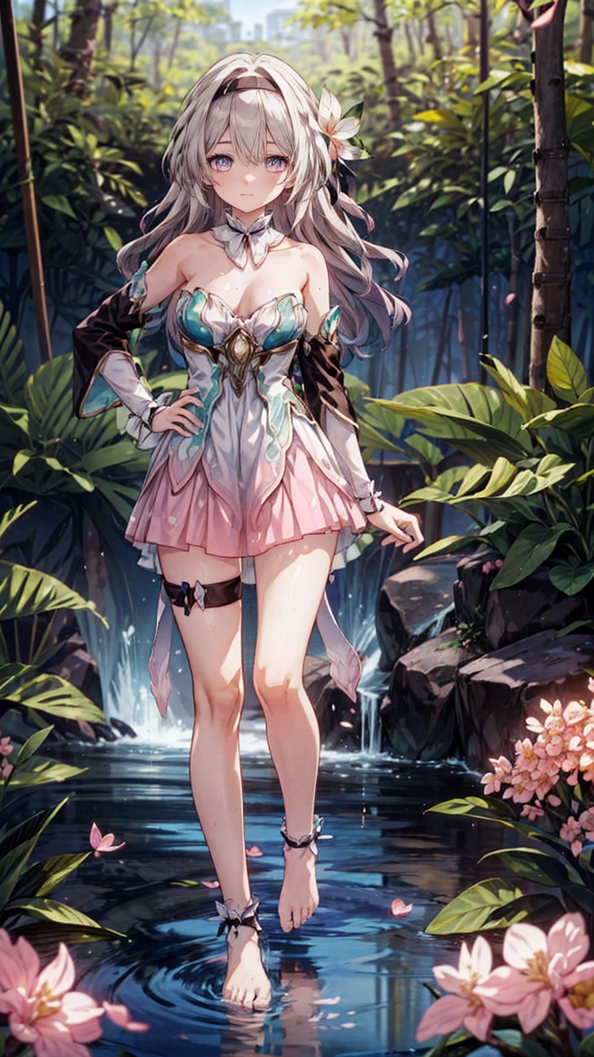 (Pink strapless dress :1.5), silver Long hair, black _ hair band, X-shaped _ eyebrows, hair band, POE _ Hair, bangs, bare shoulders, full body shot, black stockings, (Peach Blossom Forest:1.3),Creek,Bare feet,soaking feet,hand on hip