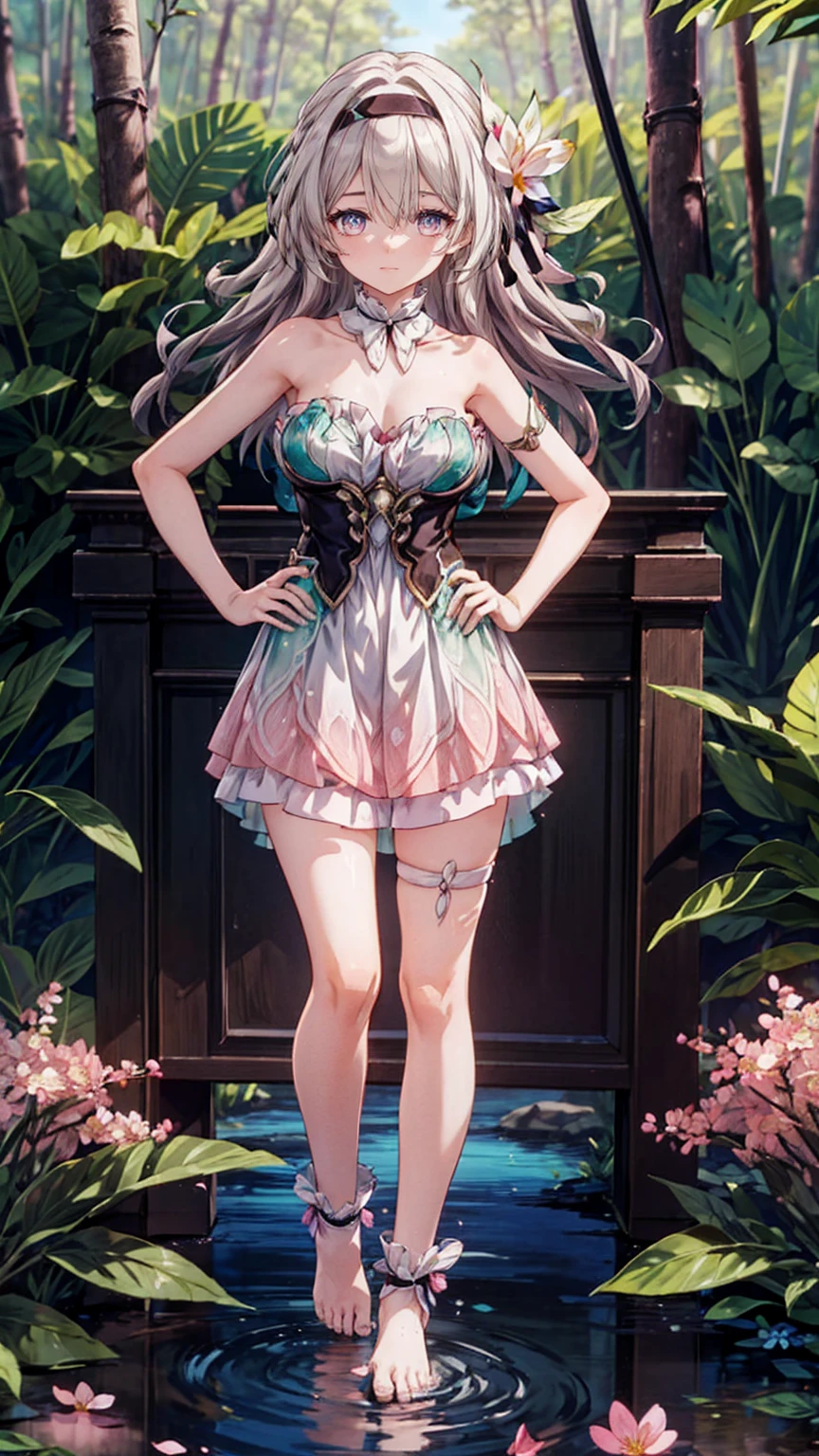 (Pink strapless dress :1.5), silver Long hair, black _ hair band, X-shaped _ eyebrows, hair band, POE _ Hair, bangs, bare shoulders, full body shot, black stockings, (Peach Blossom Forest:1.3)，Creek，Bare feet，soaking feet，hand on hip