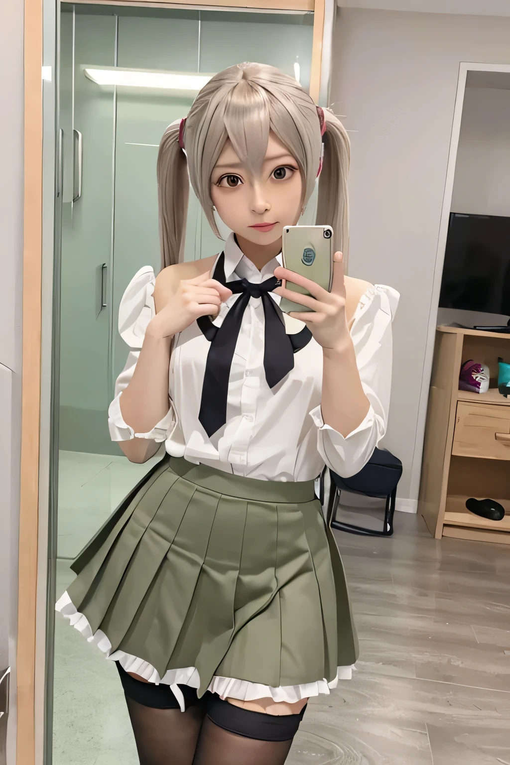 (masterpiece, Highest quality:1.3), One male , Front hair, green_hair, blush, brown_eye, bulge, Cosplay, woman, independent_sleeve, Embarrassing, eyelash, Hatsune_Miku_(Cosplay), Holding, Holding_Telephone, indoor, male_concentrate, mirror, tie, ototeeth_no_teeth, Telephone, Pleats_skirt, Selfie, shirt, skirt, No sleeve, No sleeve_shirt, alone, spring_Onion, Are standing, Sweat, Knee socks, Twin tails, umbrella, wig
