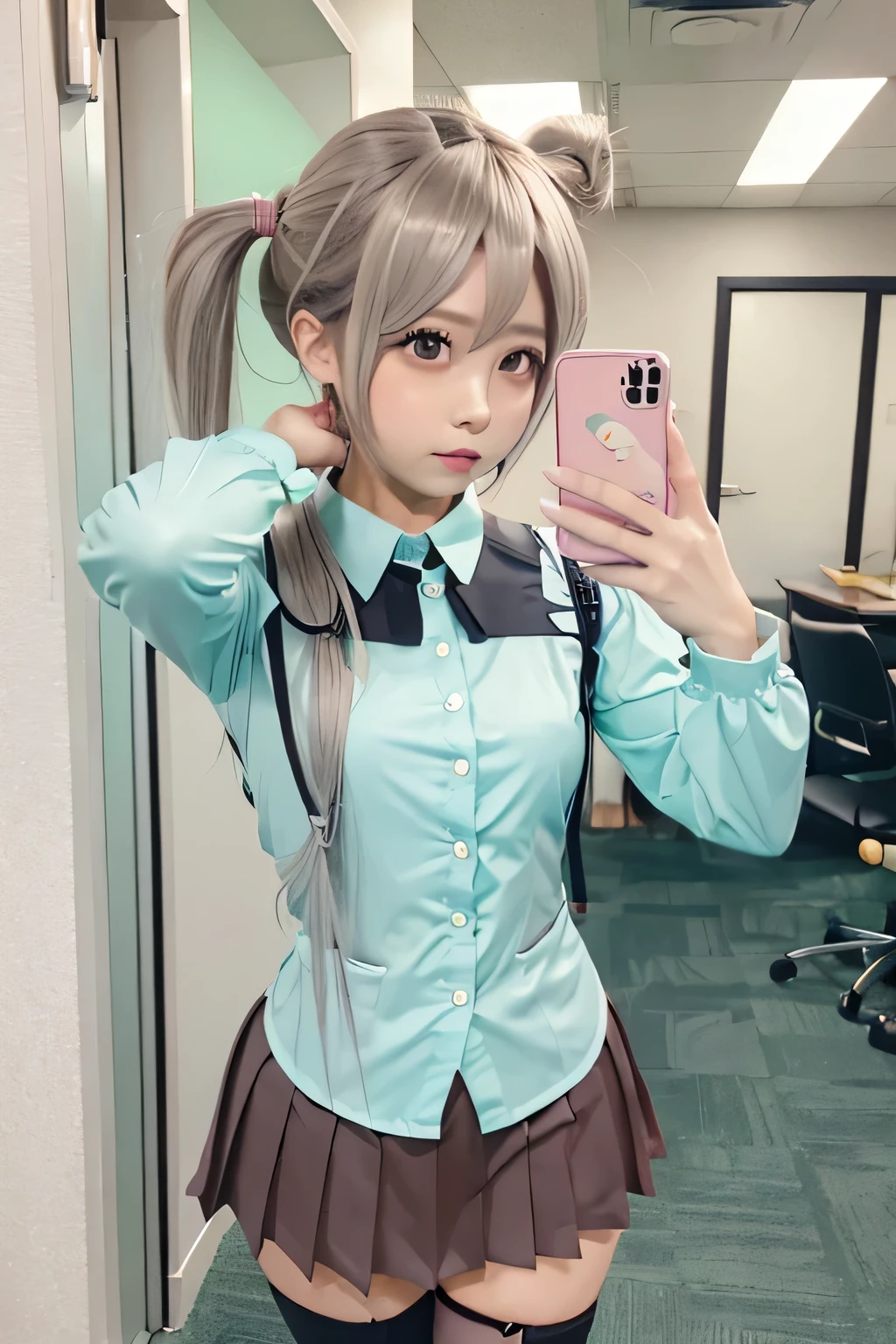 (masterpiece, Highest quality:1.3), One male , Front hair, green_hair, blush, brown_eye, bulge, Cosplay, woman, independent_sleeve, Embarrassing, eyelash, Hatsune_Miku_(Cosplay), Holding, Holding_Telephone, indoor, male_concentrate, mirror, tie, ototeeth_no_teeth, Telephone, Pleats_skirt, Selfie, shirt, skirt, No sleeve, No sleeve_shirt, alone, spring_Onion, Are standing, Sweat, Knee socks, Twin tails, umbrella, wig