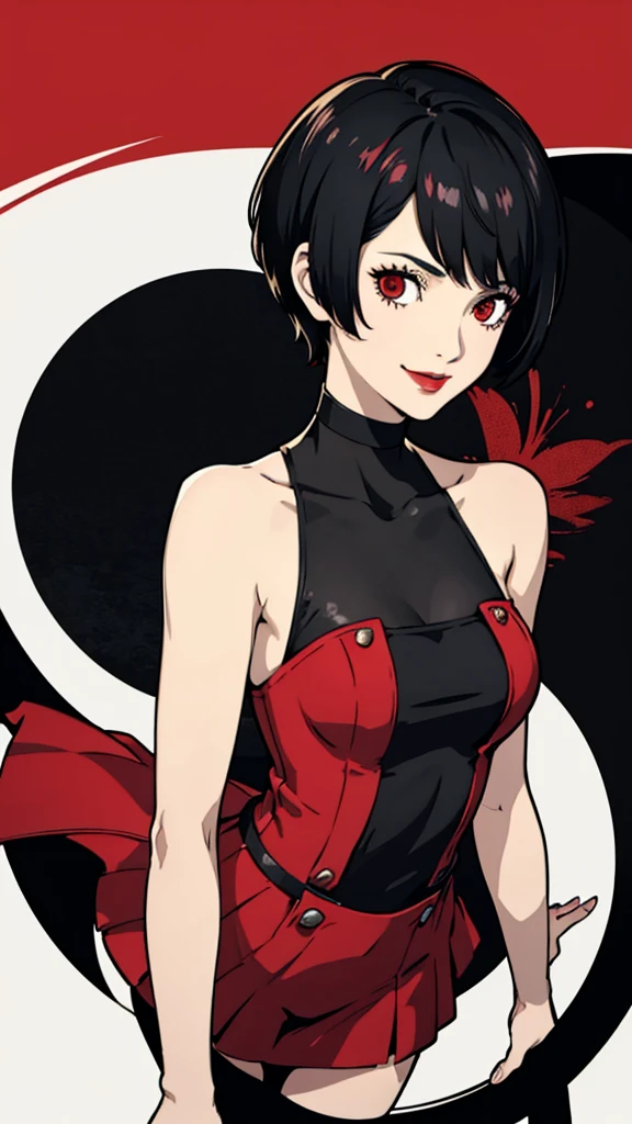 1 girl, Red eyes, very Short hair, black choker, lipstick, smile, black hair, female , tomboy Pixie haircut, bandeau, dress, stockings, half body