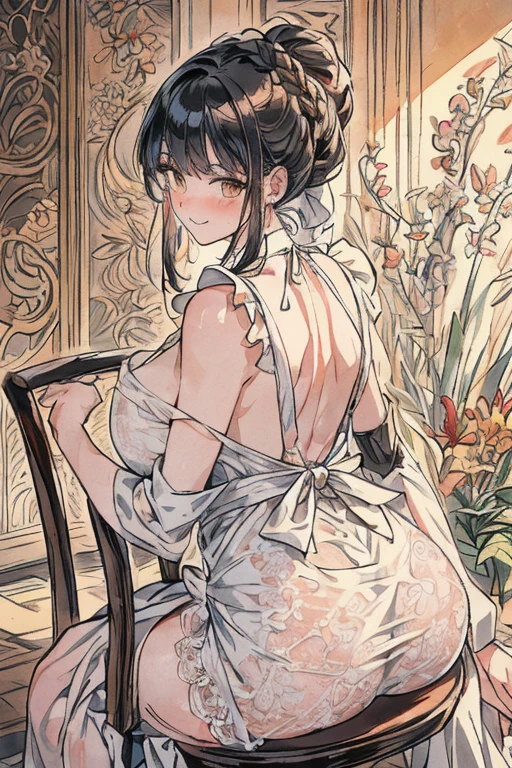(A masterpiece of image quality in 8K),(Beautiful Allafed Woman),(((emphasizing breasts:1.3))),(Dynamic angles),(Dynamic and sexy bending pose:1.3),(sit a chair:1.3),(Short hair in shiny silver and orange inner colors,large full breasts,Disturbance of clothing due to movement,breast slip,(Ponytail twisted buns adorned with elaborate braids and beads,Braided Setup Fishbone Hair,),(see-through bangs),Huge breasts、(((A white lace apron that shows your bare skin from under your big breasts.......)))、Blush with embarrassment、Enraptured eyes、A smile that beguiles the viewer、(Look back:1.7)、Look into the photographer,skin glistening with sweat,gazing at viewer,,(Professional Lighting),(8K,masutepiece,top-quality,Ultra-high resolution output image,),(Ultra HD with complex detail image modes),depth of fields,Beautiful hands,Beautiful fingers,Detailed finger features,(Detailed hair features:1.7),detailed facial features,detailed clothes features,