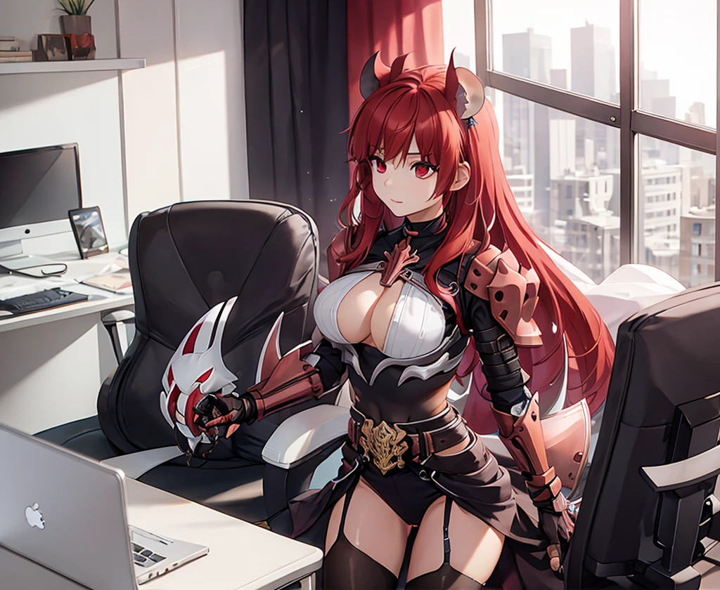 score_9, score_8_up, score_7_up, score_6_up, score_5_up, score_4_up, source_anime, tomboy girl, long hair, Bust Cup B , open-chest outfit, Guillotine Cross Set, breastplate, waist armor, Armor, red hair, Metal head jewelry, red eyes, Sparkling eyes, sit, Mobile gaming mouse, office backdrop, office desk, office chair, Sharp picture, Magical light, Bright atmosphere, beautiful backdrop, simple