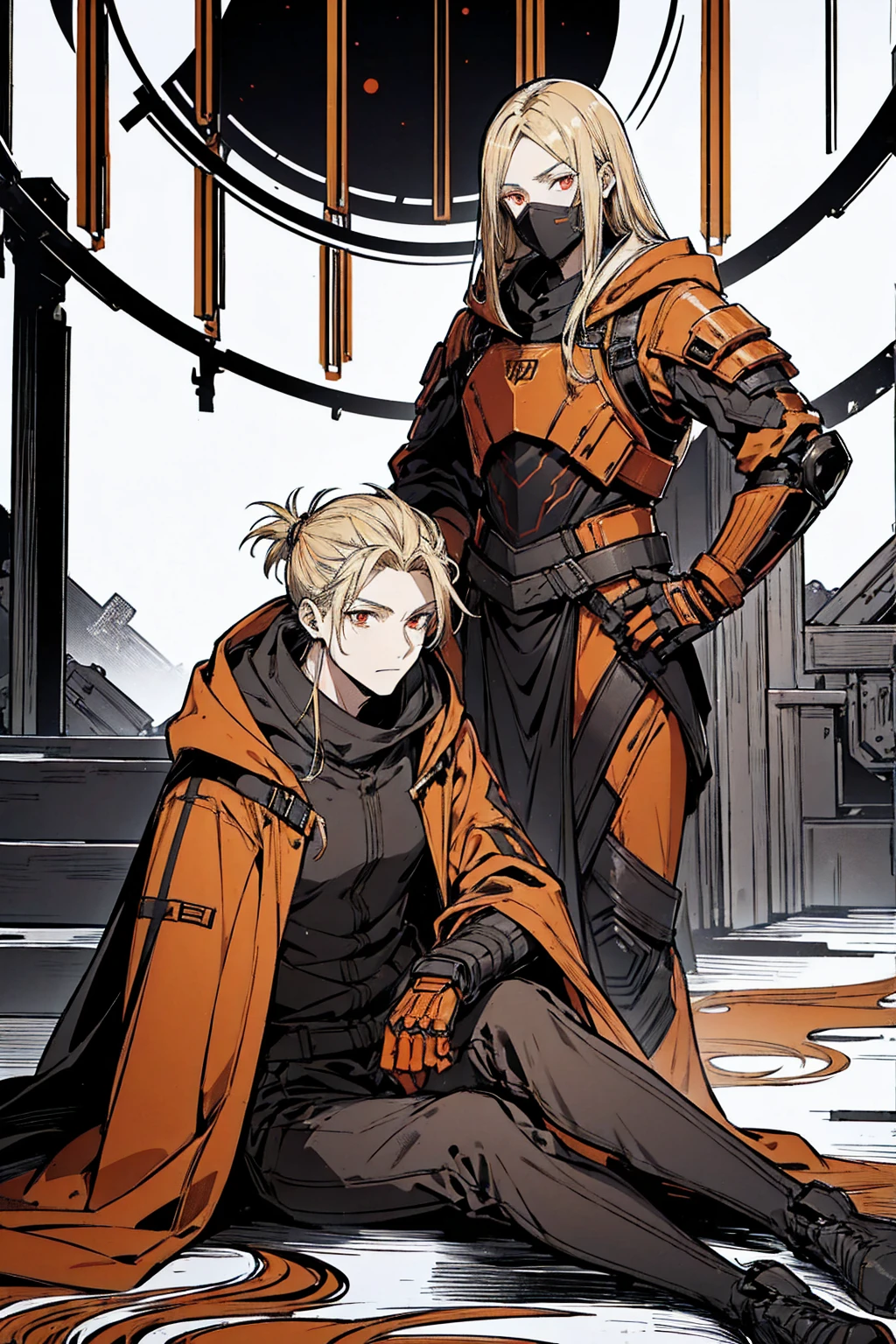 Tall, tannish, male, equipped with battle suit, covered by dark orange cloak, blonde hair in manbun, red eyes, handsome, sitting down calmly in night, hood covering face, alone.
