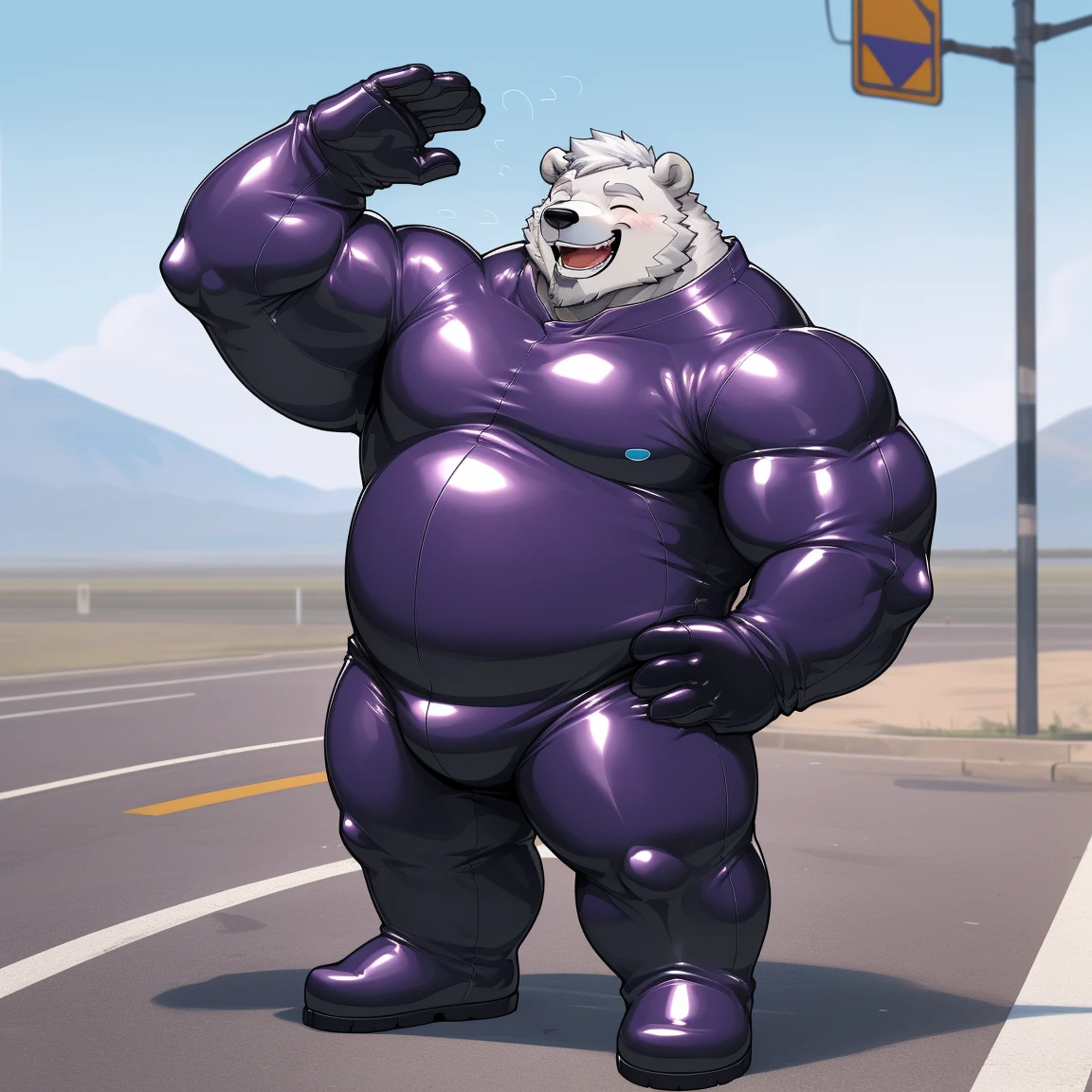 masterpiece, best quality, 8k resolution, Very detailed, hairy，(((polar bear))，(((Mature)))，(((beard))),(((Strong)))，(((White hair all over body)))，portrait，(((White hair)))，(((Roadside)))，(((Left hand on waist)))，For the audience，(((Purple gel coat))),(((Tight rubber suit)))，Highest quality scene，Solitary，solitary，(((whole body)))，(((With eyes closed)))，(((Right hand salute)))，(((Standing with legs apart)))，(((Laughing)))，((Fat-enclosed muscle))，(((Round face)))，(((alone)))，(((Strong body)))，(((Hip bulge)))，(((huge)))