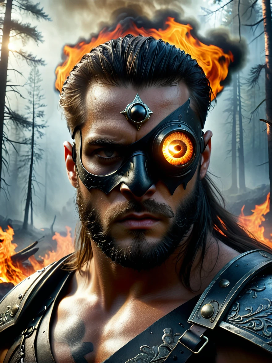 Creatures from Norse mythology，Tall Cyclops，(The huge single eye is covered by a black eye patch:1.4)，powerful，muscular，Wild，(Black eye mask)，Intricate details，forest，Blazing Hell，harsh environment，Fantasy Art，Dark Fantasy，Intense gaze，Savage outfit，Detailed armor，leather，fur，Dramatic lighting，fire，cigarette，，epic，destroy，fear(Best quality，8k，high resolution，masterpiece:1.2)，Ultra Detailed，(1.4 times more realism）