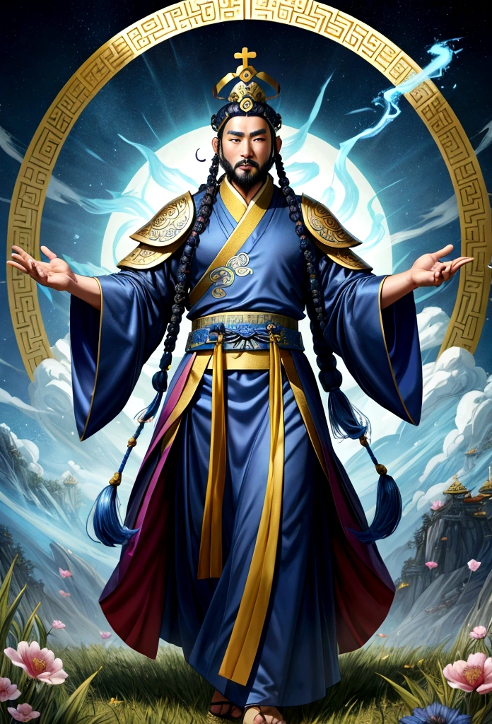 Araped man wearing blue robe and crown in field, Inspired by Hua Hua Bin, judge(Fan Kuan)Works inspired by, Guan Yu, 조즈바이Works inspired by, 리칸inspired by, 동위안inspired by, Zhaoyun, Inspired by Guo Xi, yellow heart(Huang Shen)inspired by, Inspired by Emperor Xuande, feng shui