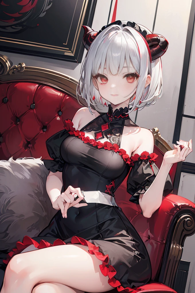 The highest quality of a masterpiece, ((low angle)), looking at the camera, cute smile, (lewd devil girl,alone:1.2),(slanted glowing red eyes),(silver hair),(Super super short hair:1.3),(shaved sideburns:1.2),either,break,(elaborate black dress:1.2),beautiful colored eyes, delicate face, Chubby cheeks, (put your hand over your mouth:1.2), devil horns grow on head, Kamimay, red and black dress, Black ruffled skirt with red embroidery, puffy sleeves, stylish clothes, (sitting on a sofa in a western style building:1.2), [[[[Multiple arms]]]]