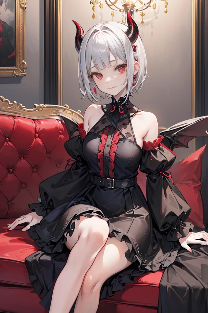 The highest quality of a masterpiece, ((low angle)), looking at the camera, cute smile, (lewd devil girl,alone:1.2),(slanted glowing red eyes),(silver hair),(Super super short hair:1.3),(shaved sideburns:1.2),either,break,(elaborate black dress:1.2),beautiful colored eyes, delicate face, Chubby cheeks, (put your hand over your mouth:1.2), devil horns grow on head, Kamimay, red and black dress, Black ruffled skirt with red embroidery, puffy sleeves, stylish clothes, (sitting on a sofa in a western style building:1.2), [[[[Multiple arms]]]]