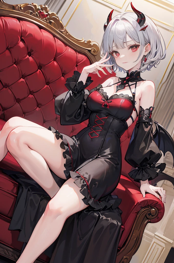 The highest quality of a masterpiece, ((low angle)), looking at the camera, cute smile, (lewd devil girl,alone:1.2),(slanted glowing red eyes),(silver hair),(Super super short hair:1.3),(shaved sideburns:1.2),either,break,(elaborate black dress:1.2),beautiful colored eyes, delicate face, Chubby cheeks, (put your hand over your mouth:1.2), devil horns grow on head, Kamimay, red and black dress, Black ruffled skirt with red embroidery, puffy sleeves, stylish clothes, (sitting on a sofa in a western style building:1.2), [[[[Multiple arms]]]]