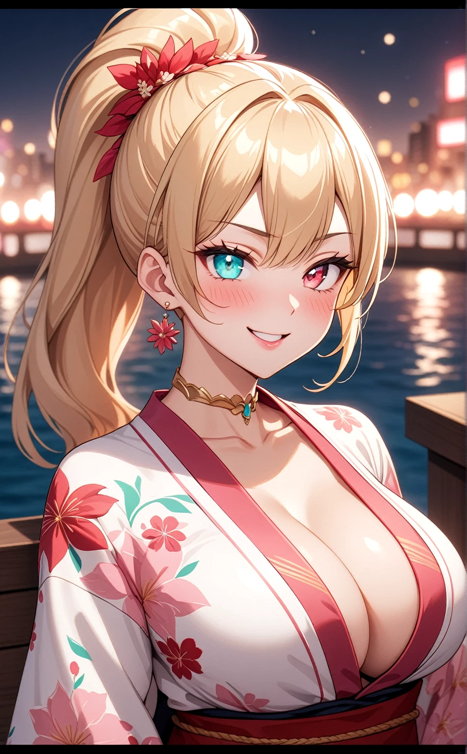 One personの女性)), Beautiful Face,Laughing embarrassedly,((Wink:1.8)),Laugh with your mouth wide open,((Bright red cheeks:1.4)),Glossy pink lips,night,rooftop,Festive decorations,You can see the ocean, firework,Glossy pink lips,Lighting on the face,((Anime style background)),masterpiece, Highest quality, so beautiful, Latest, Complex details, (Pink long nails),(ring),(flower bracelet),Floral choker,AI-generated, Complex,High resolution, Highest quality, super high quality,3D Images、View your viewers、3D Images,One person,Long blonde hair,High Ponytail,Turquoise Eyes,Anime woman posing for a photo, (Fine grain,Colorful eyes,Shining Eyes:1.3),(Squint your eyes:1.1),a hyperRealistic , hyperRealistic , Realistic,Blonde anime woman with long hair, Smooth anime CG art, A woman in a colorful kimono with gold embroidery, (Pink long sleeve kimono),Red floral pattern,Long flower hair ornament,Large floral earrings,(ring),(Big Breasts:1.1),Mature Body,Tall,Big Ass,Narrow waist,Abdominal muscles,(Zoom in on face:1.7),Photographed from the front