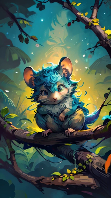 Caricature of an adorable forest mouse, eyes wide and exaggerating cuteness, nestled in a tangle of soft feathers, perched on a gnarled branch in a whimsical night forest, baklighting enhances fluffy texture, charming gaze engaging viewer, vivid colors petrol. blue, black yellow digital painting, ultra fine detail.