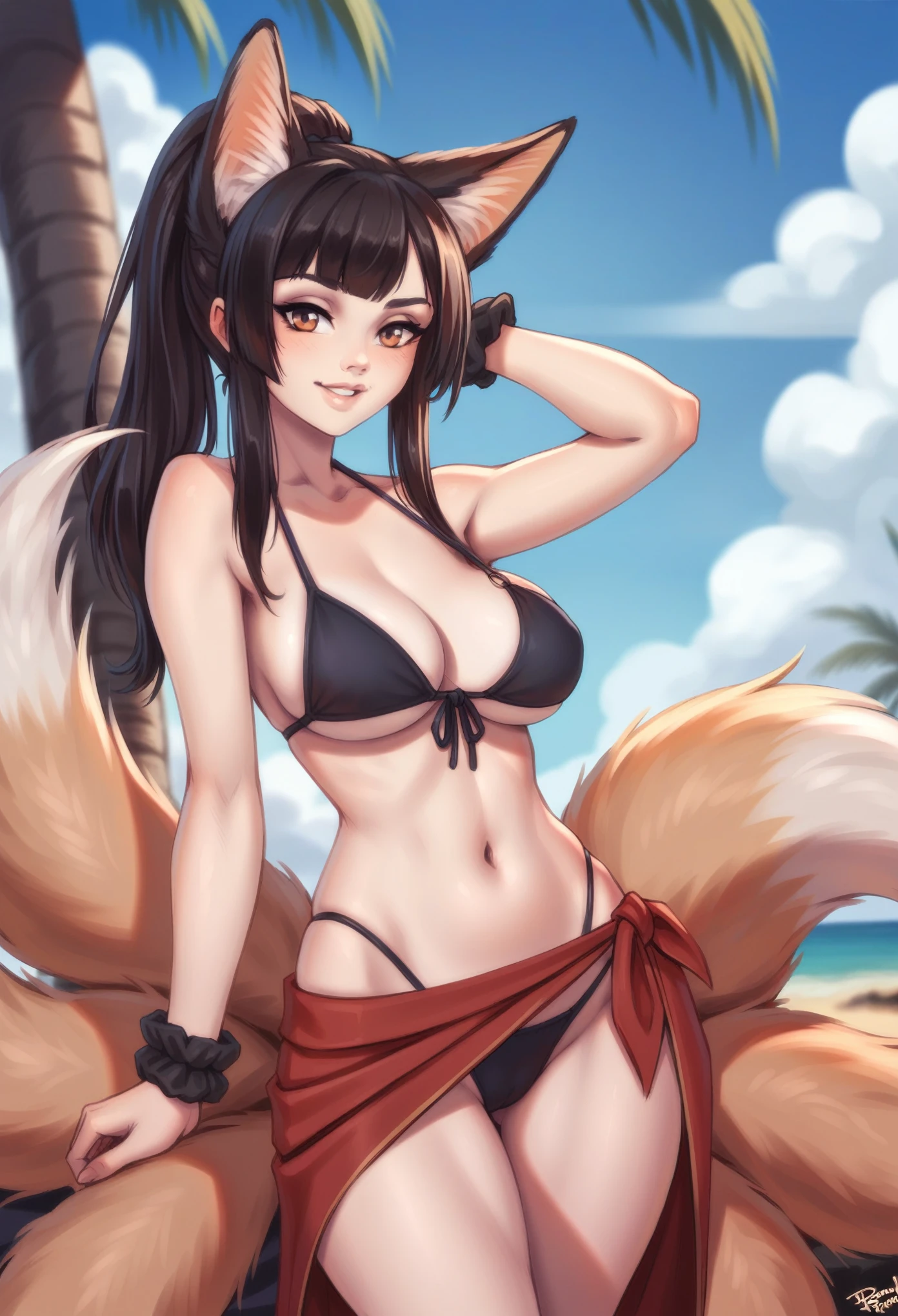 personalami, 1girl, akagi_(azur_lane), breasts, animal_ears, swimsuit, long_hair, bikini, tail, solo, brown_hair, black_scrunchie, scrunchie, multiple_tails, sky, wrist_scrunchie, outdoors, fox_tail, fox_ears, cloud, cleavage, day, large_breasts, blue_sky, hair_ornament, smile, red_bikini, looking_at_viewer, bangs, navel, collarbone, palm_tree, sarong, tree, very_long_hair, thighs, bare_shoulders, highleg_bikini, blush, parted_lips, highleg, flower, sidelocks, cloudy_sky, standing, animal_ear_fluff, ponytail, hair_flower, red_eyes, brown_eyes, kitsune, fox_girl, stomach, black_bikini, hand_on_hip, groin, front-tie_bikini_top, front-tie_top