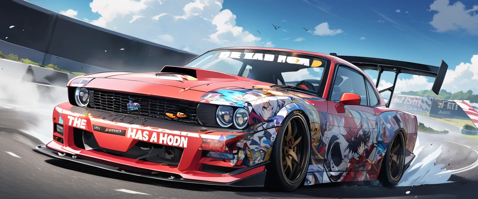 Two sports cars、race、Dead Heat、((The hood has an anime girl printed on it))、((Car wrapping))、Itasha、drift、battle、Dead Heat、Winding Road、Speed