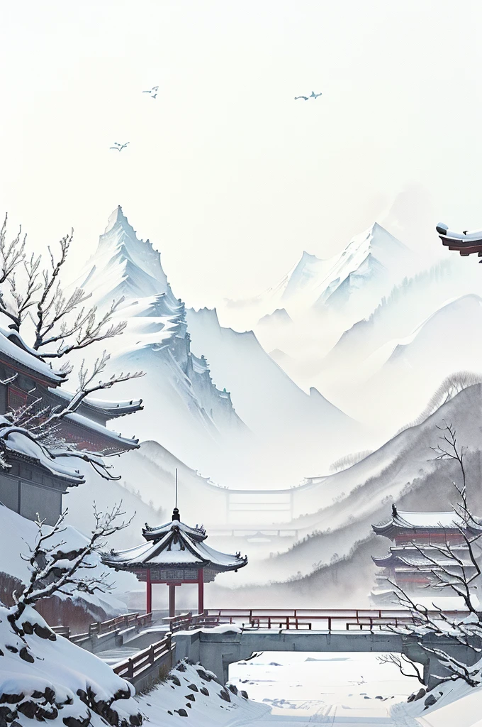 The desolate and deserted scene in winter,Chinese aesthetics,Watercolor style,Ink Landscape,Elegant color,Winter snow scene,There is a bridge,There is a small pavilion in the distance,Dead branches,There is a waterfall on the distant mountain,There are birds flying in the sky,Beautiful winter scenery,Chinese style,Chinese Ink Painting