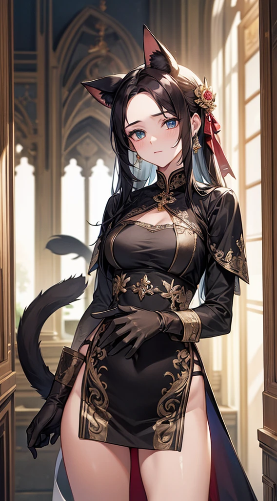 one woman, fox ears, fox tail, mature woman, green eyes, dark brown hair, shiny clothes, Chinese dress, Cheongsam, sexy, SFW, latex