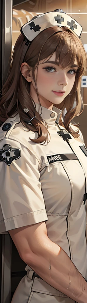 (masuter piece, best quality, very detailed), (fine face), 1 women, nurse、standing、from the waist up、golden hair、curly hair、bangs、lots of bangs、brown Eyes、Slight smile、nurse uniform , (in desert:1.5) , (ambulance:1.5) 