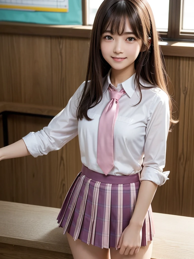 8K, Highest quality, The real picture, Intricate details, Very detailed, Ultra-high resolution, Depth Field,(Realistic,Realistic:1.2),Tabletop , ((Full Body Shot)), (1 girl), eye_Chan, Very beautiful 17 year old girl, innocent big eyes,、Beautiful breasts:1.5、非常に詳細なeye:1.2)、(Beautiful breasts:1.1)、((Brown Hair))、(Semi-long hair), Asymmetrical bangs, ((Long, slender legs)), ((Model Body Type)), Perfect Skin, Fair skin, Small breasts, Tight waist, Staring at the audience, (smile)、((School_uniform), (White shirt、Wear a tie), (Blue and pink checkered pleated micro mini skirt), (Stand in the classroom), ((Fold your arms in front of your chest and act arrogantly)), ((楽しそうなsmile)), ((Perfect hand shape))