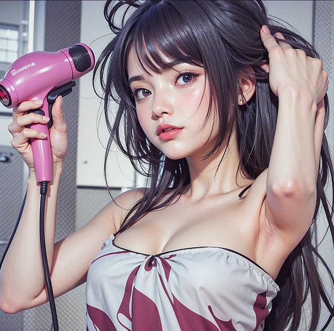 A girl with black hair is blow drying her hair in a room with a blue wall and a white door.