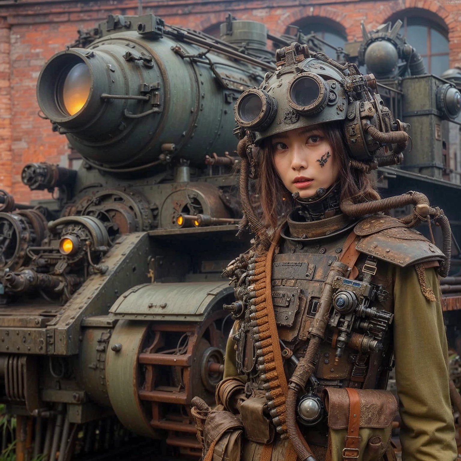 Dystopian night scene, hydraulic cylinders, very intricate details, Japanese woman in skeleton-like armor, beautiful face, legs, poses in motion, super realism, realistic photography, taken with Fuji film X-T30+Nokton. HDR10