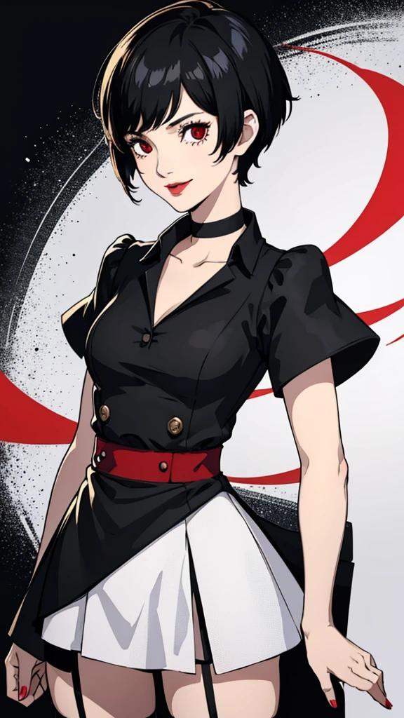1 girl, Red eyes, very Short hair, black choker, lipstick, smile, black hair, female , tomboy Pixie haircut, bandeau, dress, stockings, cowboy shot