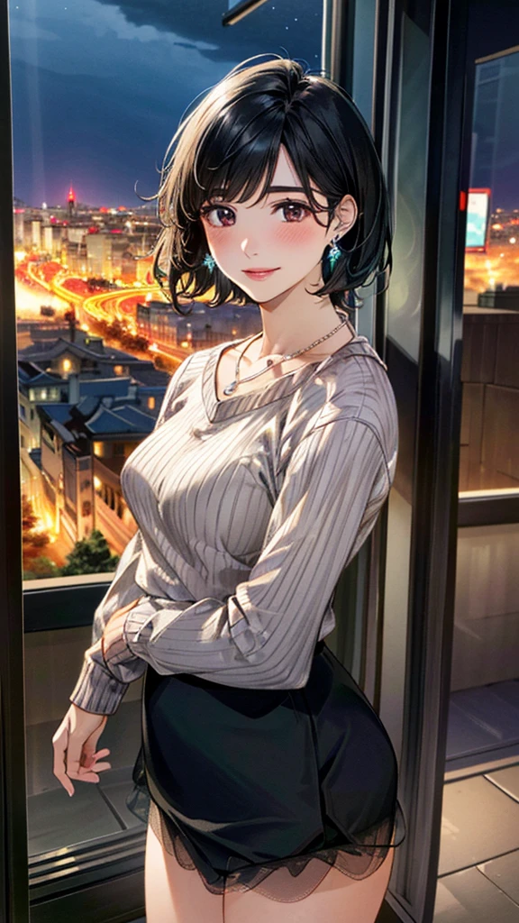 (masterpiece:1.3, Highest quality, Ultra-high resolution, Super detailed), (Realistic, photoRealistic:1.4), Beautiful illustrations, Perfect lighting, colorful, Depth of written boundary, Beautiful detailed hair, Beautifully detailed face, Beautiful fine details, Beautiful clavicle, Beautiful body, 美しいLarge Breasts, Beautiful thighs, Beautiful feet, Beautiful fingers, View Viewer、Front view:0.6, Beauty1人, Japanese, Beauty、30 years old, Perfect Face, (Perfect Anatomy, Anatomically correct), Cute and symmetrical face, Baby Face, , Shiny skin, ((sweater:1.4)), ((Tulle skirt:1.5))、 (Black Hair, Wave、Short Hair:1.4), Dark brown eyes, Large Breasts, Slim body, necklace, (Small earrings:1.3), (Beautiful views), (night), (city, cityscape in the distance), Are standing, A soft smile、(Smile, Lips parted),
