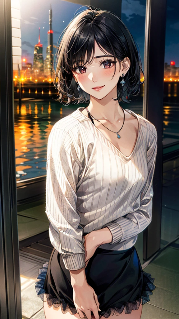 (masterpiece:1.3, Highest quality, Ultra-high resolution, Super detailed), (Realistic, photoRealistic:1.4), Beautiful illustrations, Perfect lighting, colorful, Depth of written boundary, Beautiful detailed hair, Beautifully detailed face, Beautiful fine details, Beautiful clavicle, Beautiful body, 美しいLarge Breasts, Beautiful thighs, Beautiful feet, Beautiful fingers, View Viewer、Front view:0.6, Beauty1人, Japanese, Beauty、30 years old, Perfect Face, (Perfect Anatomy, Anatomically correct), Cute and symmetrical face, , , Shiny skin, ((sweater:1.4)), ((Tulle skirt:1.5))、 (Black Hair, Wave、Short Hair:1.4), Dark brown eyes, Large Breasts, Slim body, necklace, (Small earrings:1.3), (Beautiful views), (night), (city, cityscape in the distance), Are standing, A soft smile、(Smile, Lips parted),
