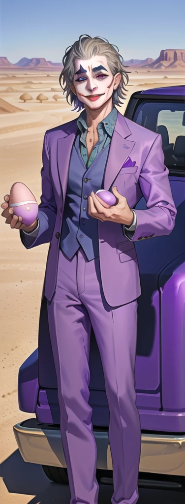 Portrait of a man in his 40s、standing、silver hair、(the joker:1.2)、purple dress , smile , Long body、 、desert background、(holding eggs:1.1) , (purple pickup truck :1.2), (A big snake is behind.:1.2)