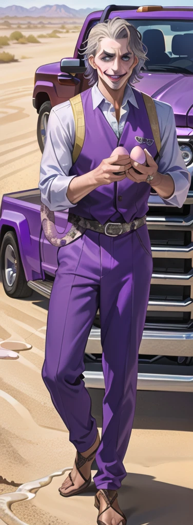 Portrait of a man in his 40s、standing、silver hair、(the joker:1.2)、purple dress , smile , Long body、 、desert background、(holding eggs:1.1) , (purple pickup truck :1.2), (A big snake is behind.:1.2)