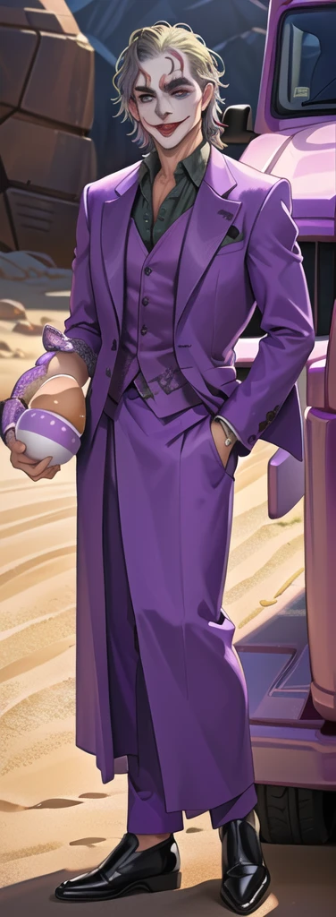 Portrait of a man in his 40s、standing、silver hair、(the joker:1.2)、purple dress , smile , Long body、 、desert background、(holding eggs:1.1) , (purple pickup truck :1.2), (A big snake is behind.:1.2)