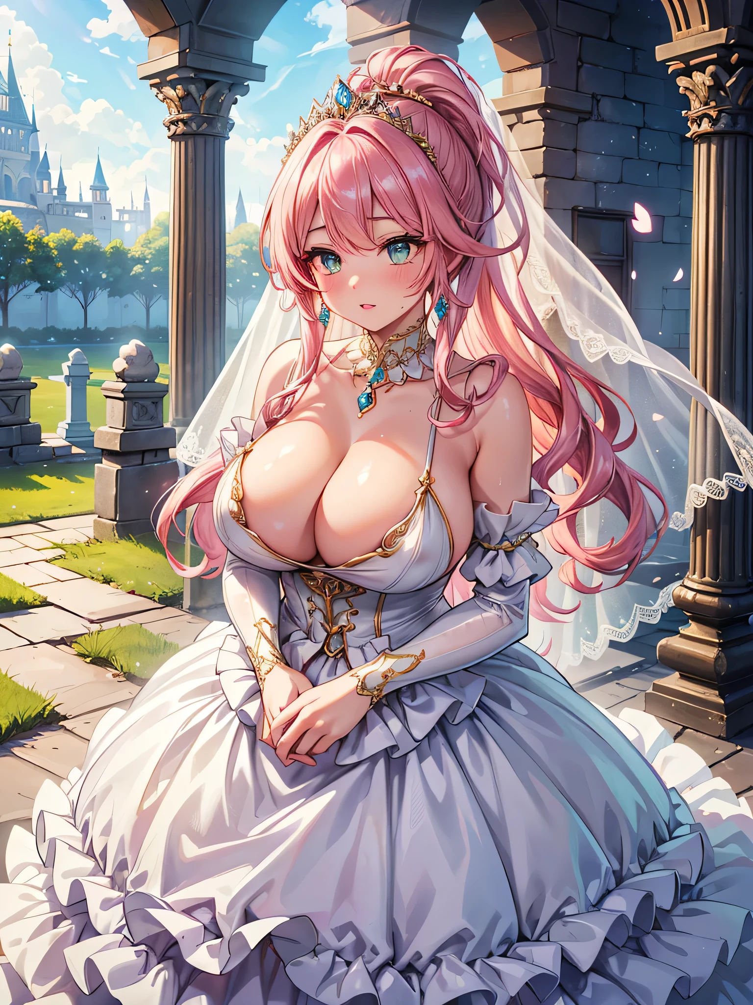 Super detailed ,best quality ,very aesthetic ,looking up ,portrait ,from above ,A young-looking princess ,Beautiful eyes like jewels ,Embarrassed look ,A seductive face ,Beautiful Lips ,(Hair blowing in the wind ,Pink Hair ,Fluffy ponytail ,Curly Hair ,Expressive hair ,very voluminous hair) ,A silver tiara with glittering ornaments and sparkling jewels ,Crystal earrings with glittering gold embellishments ,A very luxurious jeweled hair ornament ,White silk veil ,(Voluminous full-length hoop skirt with gorgeous ruffles ,((crinoline)) ,A deep green princess ball gown dress with gorgeous embroidery and jewels. ,Voluminous full-length pleated skirt), Silk gloves ,Open chest ,Textured skin ,Sweat on the skin ,Emphasized cleavage ,Huge  ,Big Breasts ,Nipples ,The tip of the index finger of the right hand is placed on the lips ,(Shining Light ,Fantasy ,fantasy city ,Ruins with white stone pillars ,Outside the castle ,Clear sky),Fluttering petals