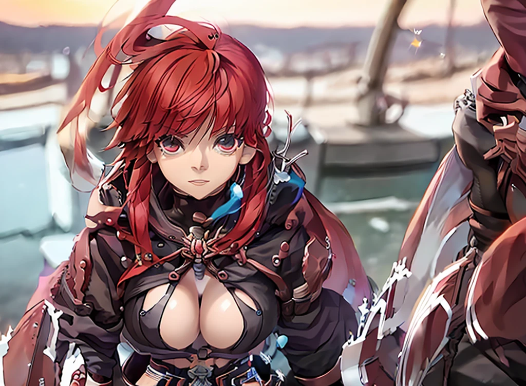 score_9, score_8_up, score_7_up, score_6_up, score_5_up, score_4_up, source_anime, tomboy girl, long hair, Bust Cup B , open-chest outfit, Guillotine Cross Set, breastplate, waist armor, Armor, red hair, Metal head jewelry, red eyes, Sparkling eyes, sit, Mobile gaming mouse, office backdrop, office desk, office chair, Sharp picture, Magical light, Bright atmosphere, beautiful backdrop, simple