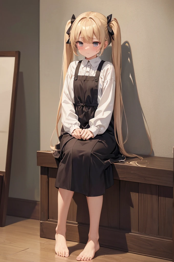 ((4K,masterpiece,Highest quality)),, A girl dressed modestly, alone, Weeping face,barefoot,Twin tails