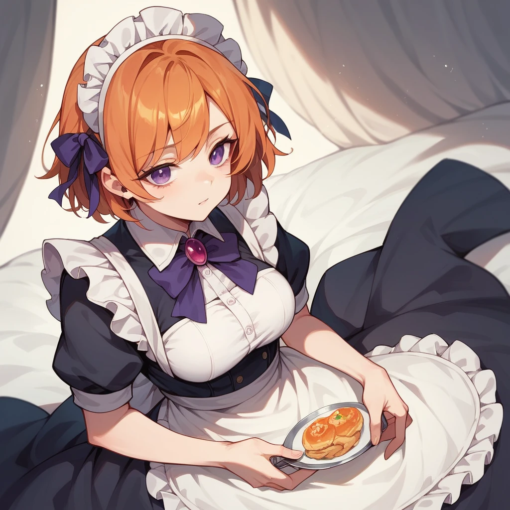 masterpiece, best quality, 1girl, purple eyes, orange hair,maid headdress, maid,