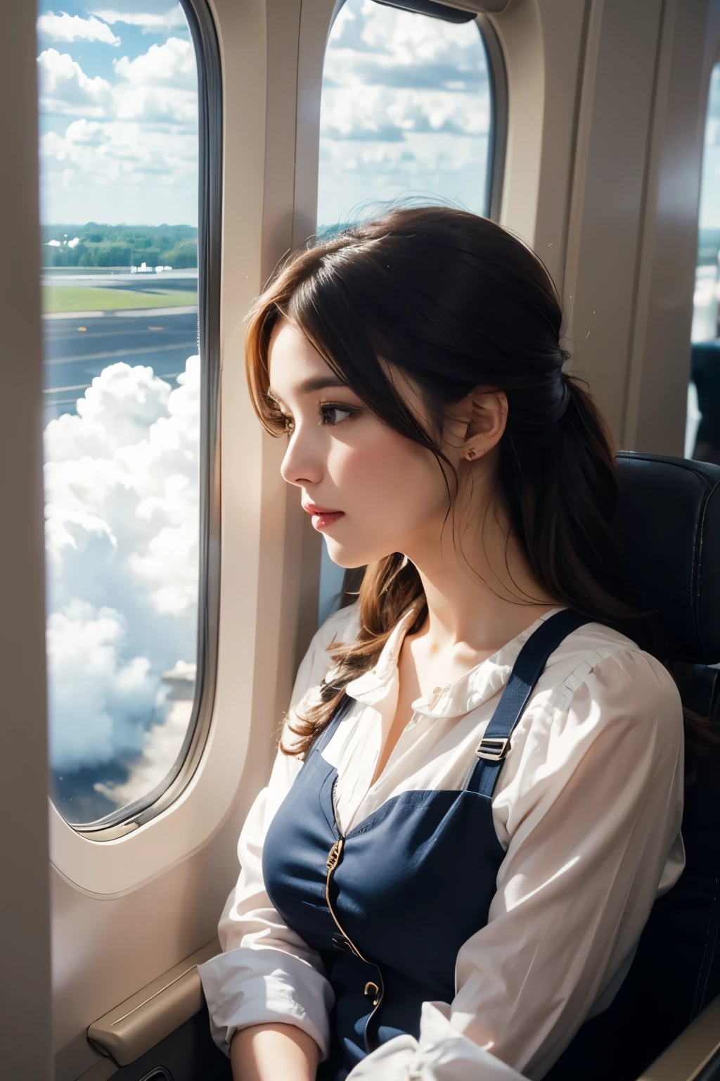 Beautiful woman looking out the window on an airplane, Fashionable outfits,  Clouds outside the window,