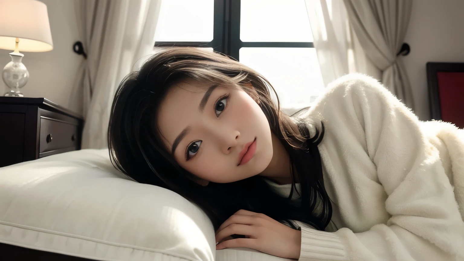 A beautiful 20 year old Asian girl with a highly detailed face and highly detailed eyes, she is lying on the couch in her room, posando alegremente. Tiene una piel delicada, mesmerizing eyes and flowing hair, captured in a graceful pose with soft lighting and warm colors. The work is a photorealistic masterpiece in high resolution 8k, showing super detailed and beautiful details of the eyes. It is an official artwork designed as a unified 8k wallpaper, destacando una calidad excepcional y originalidad. Full body portrait shows her extraordinary beauty with dynamic pose, resaltando su rostro delicado y ojos negros vibrantes desde el frente. With a highly detailed background in a room, lying on a sofa. His skin is meticulously detailed, mostrando poros realistas bajo un enfoque claro y capturado en 8k UHD. Su piel blanca y lechosa y su cabello negro, straight and short that reaches the neck contribute to the realistic photo style, ropas detalladas y realistas. tiene cabello corto