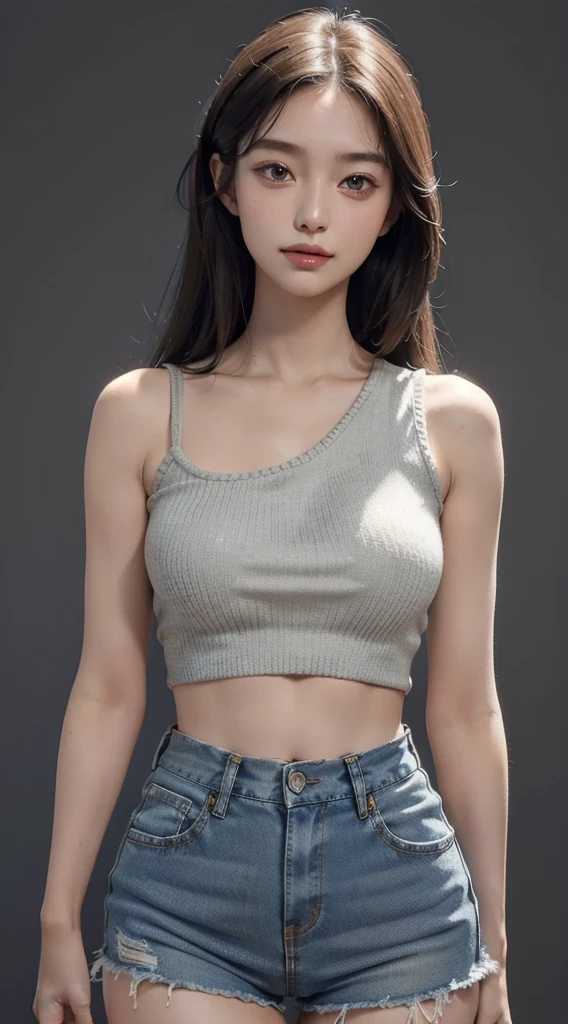 High Detail, 8k resolution, Clear eyes, clavicle, Exquisite and perfect facial features, Long hair, The most beautiful big eyes, Long eyelashes, Smile, ((pure)) (Wear a knitted top,)) (navel open, Thin waist) High waist denim shorts, Upturned buttocks, Dynamic Angle, Ultimate image quality, Precise and perfect human structure.