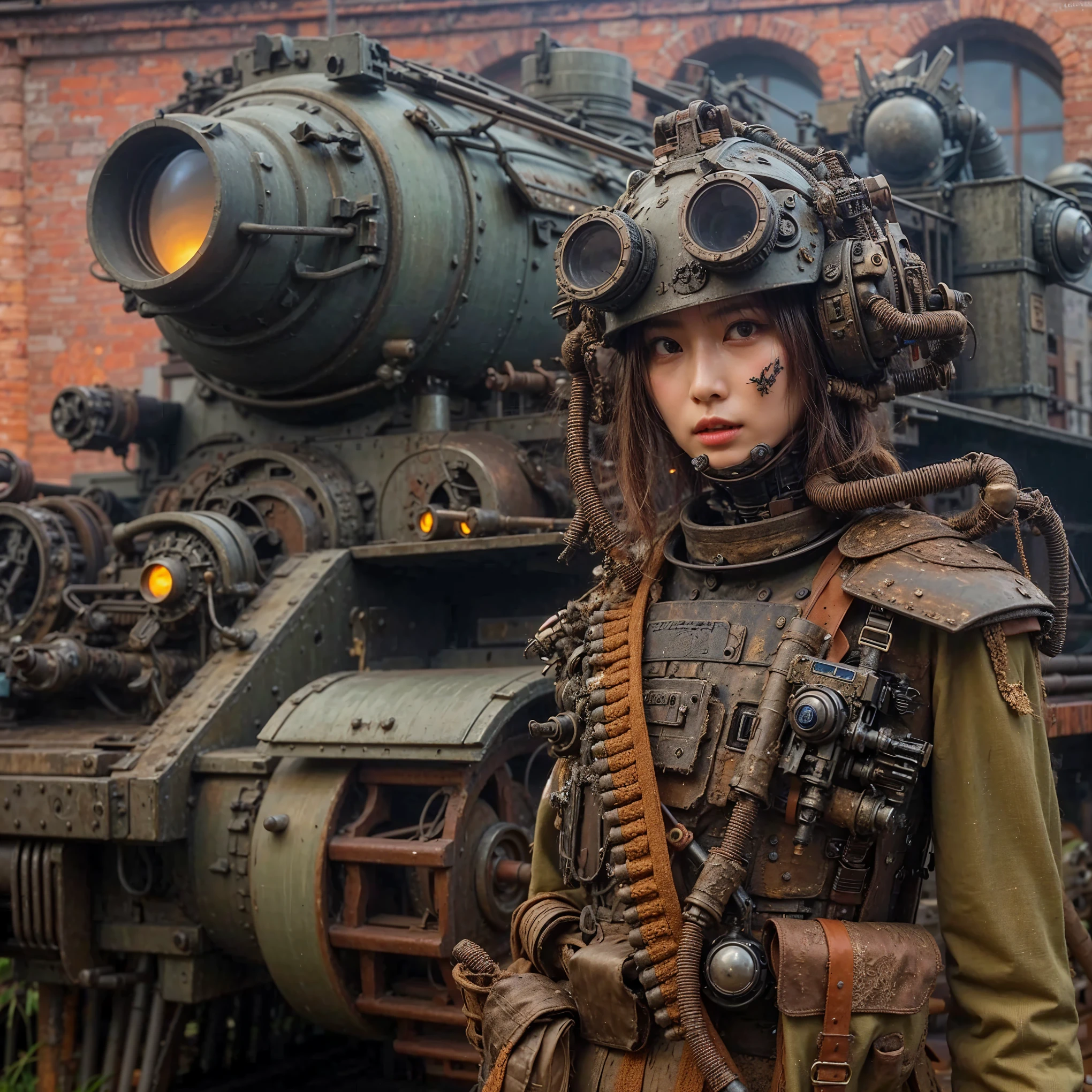 Dystopian night scene, hydraulic cylinders, very intricate details, Japanese woman in skeleton-like armor, beautiful face, legs, poses in motion, super realism, realistic photography, taken with Fuji film X-T30+Nokton. HDR10