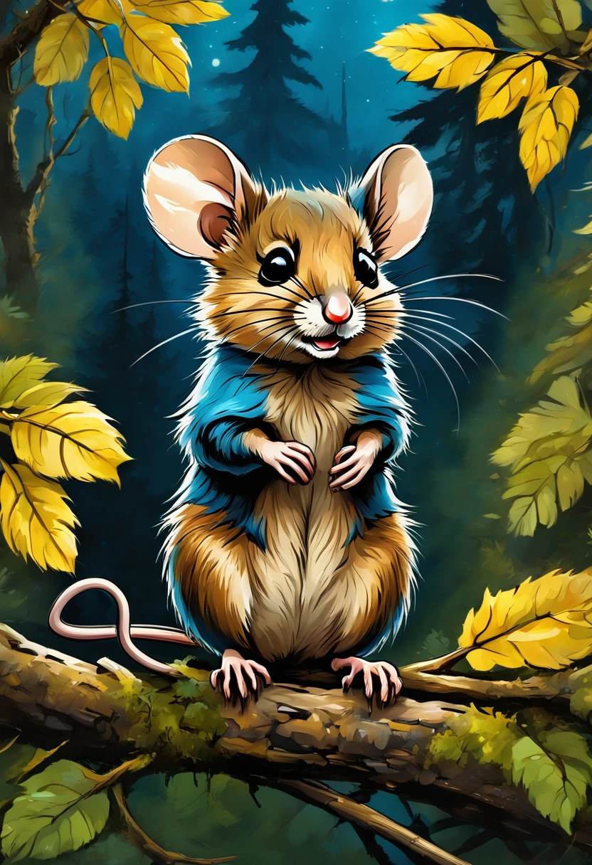 Caricature of an adorable forest mouse, eyes wide and exaggerating cuteness, nestled in a tangle of soft feathers, perched on a gnarled branch in a whimsical night forest, baklighting enhances fluffy texture, charming gaze engaging viewer, vivid colors petrol. blue, black yellow digital painting, ultra fine detail.